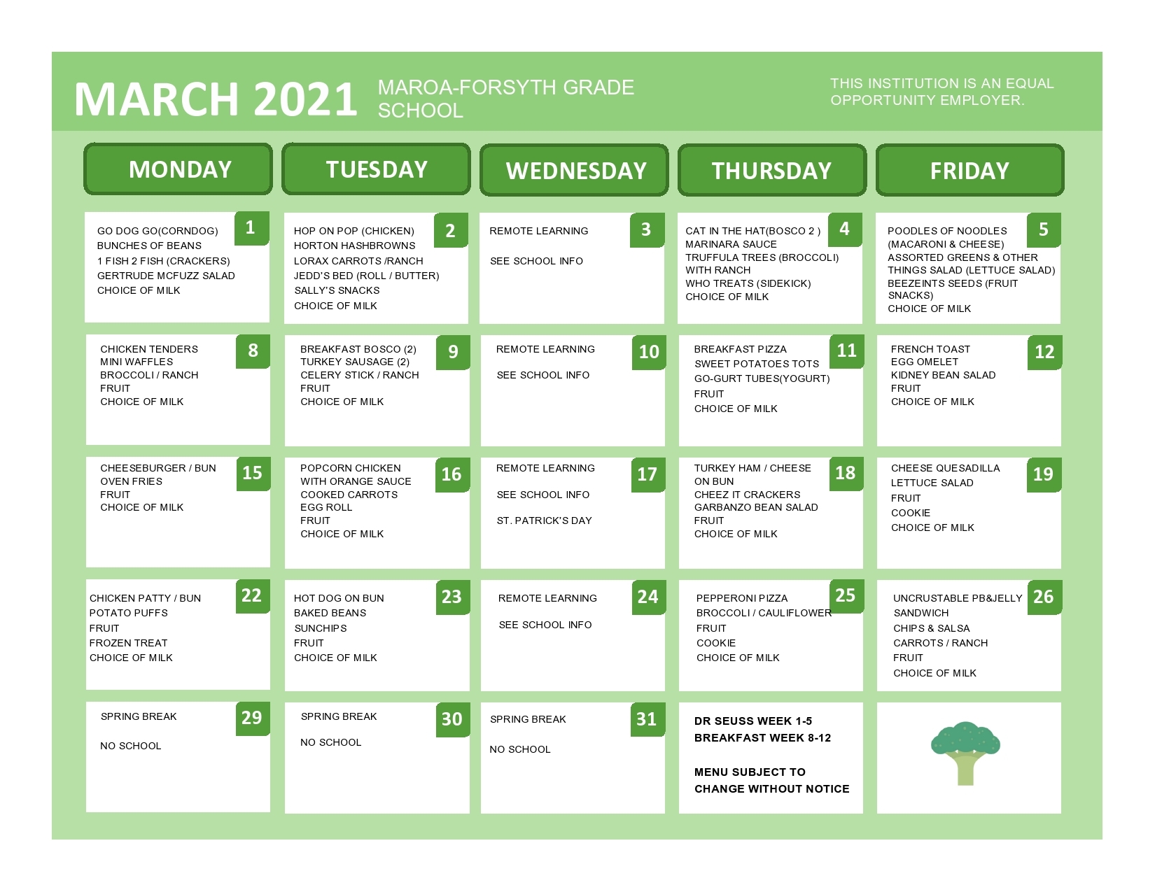 march grade school menu