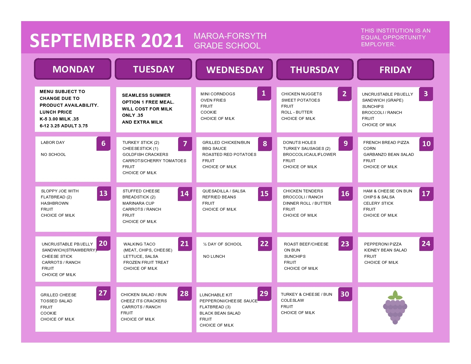 September 2021 Grade School lunch menu