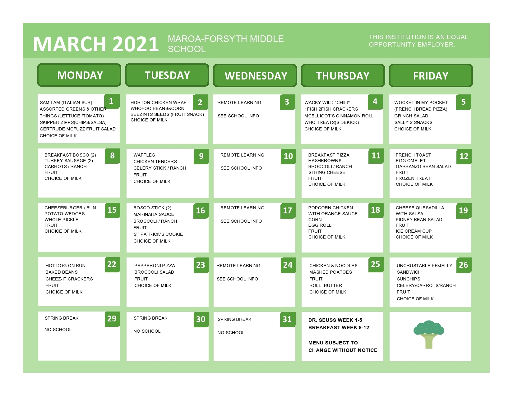 March Middle School Menu