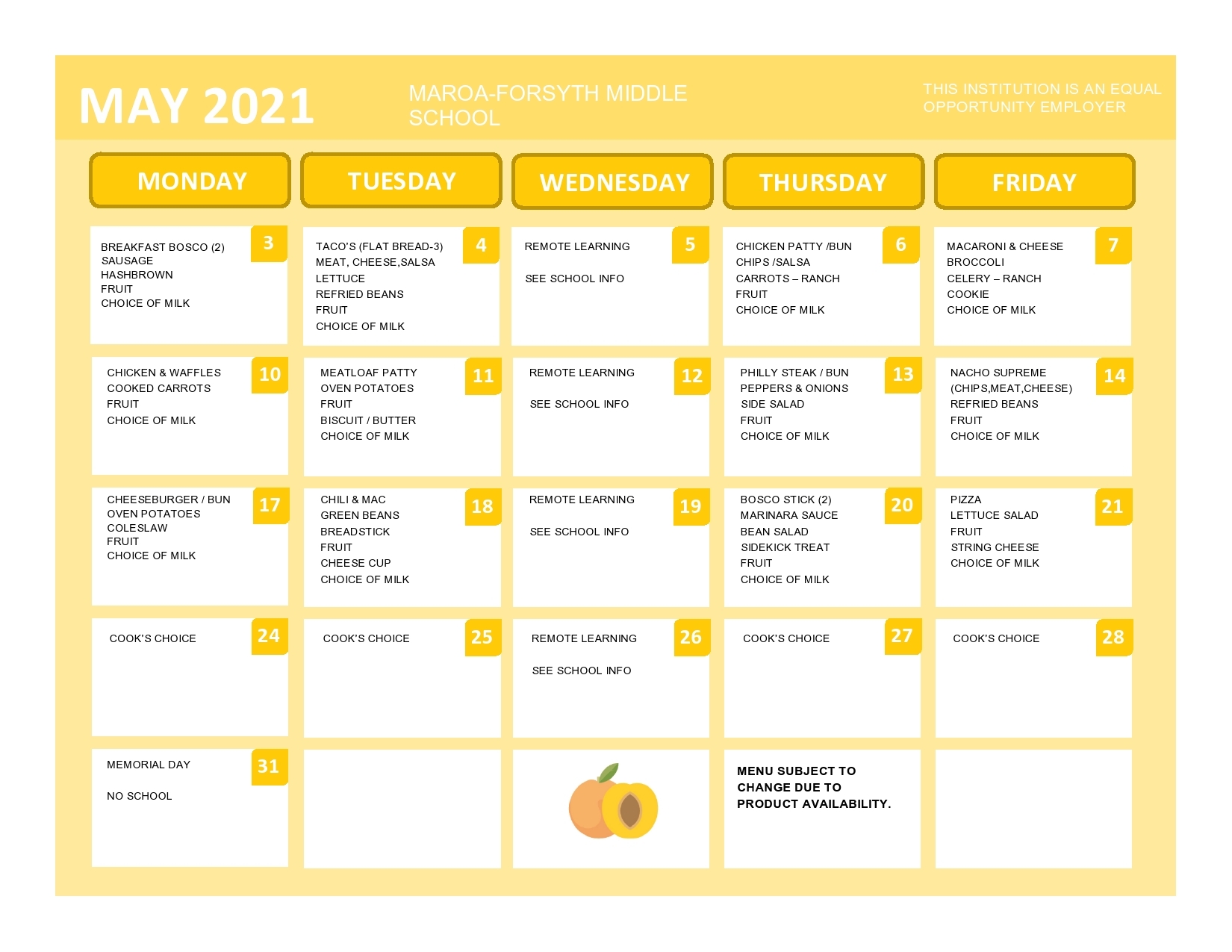 May Middle School Lunch Menu